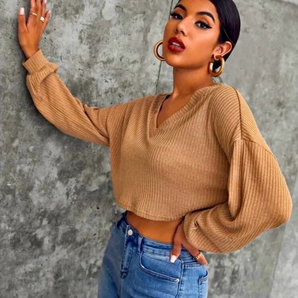 Cropped Tan Ribbed Knit Sweater - Picture 1 of 7